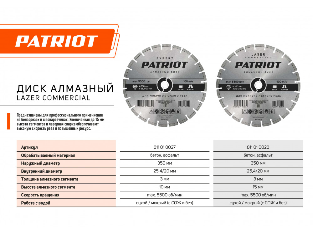 Диск алмазный сегментный (350х25,4/20 мм) Patriot Диск алмазный сегментный (350х25,4/20 мм) Patriot